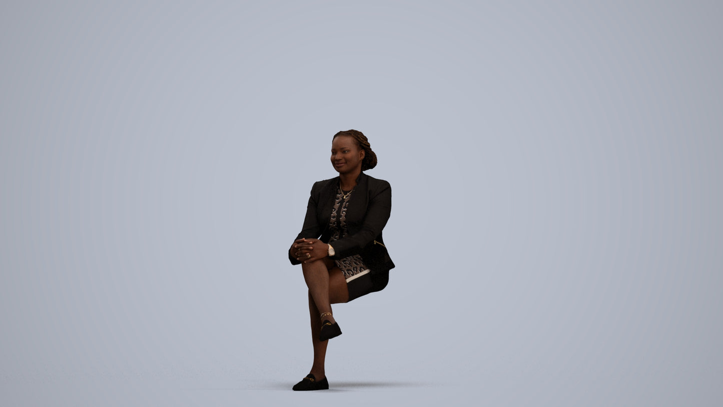 3D human model woman business sitting, photogrammetry scanned person for archviz, standing pose render