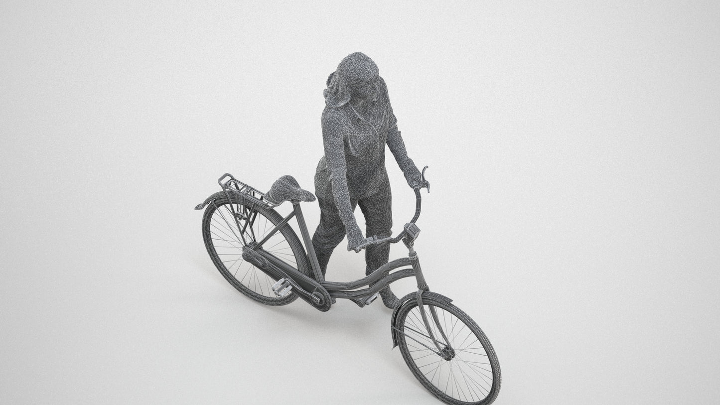 realistic 3D woman casual shopping, scanned archviz people for Blender and 3ds Max, wireframe three-quarter view