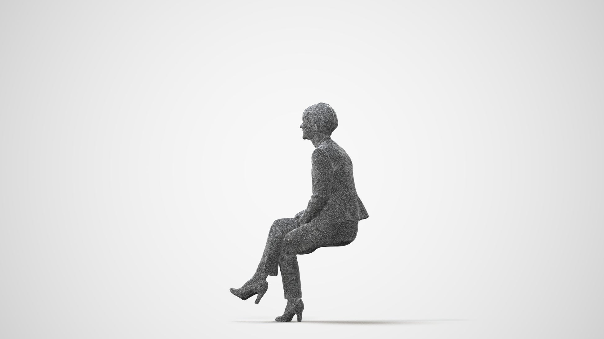 3D human model senior woman business sitting, photogrammetry scanned person for archviz, square thumbnail