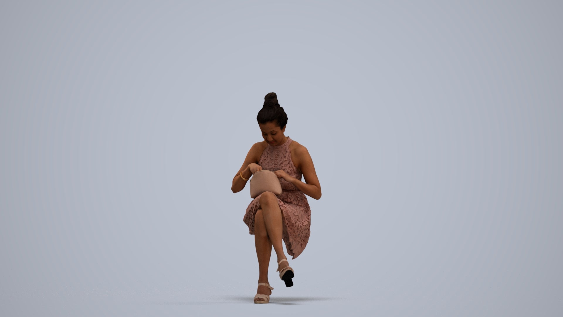 realistic 3D woman formal sitting, scanned archviz people for Blender and 3ds Max, standing pose render