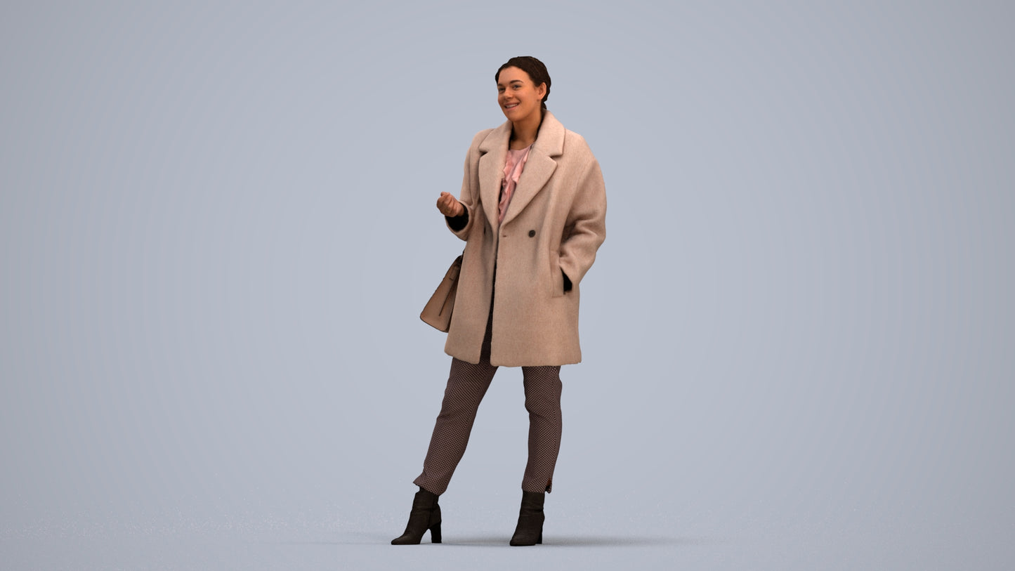 3D human model woman business standing, photogrammetry scanned person for archviz, standing pose render