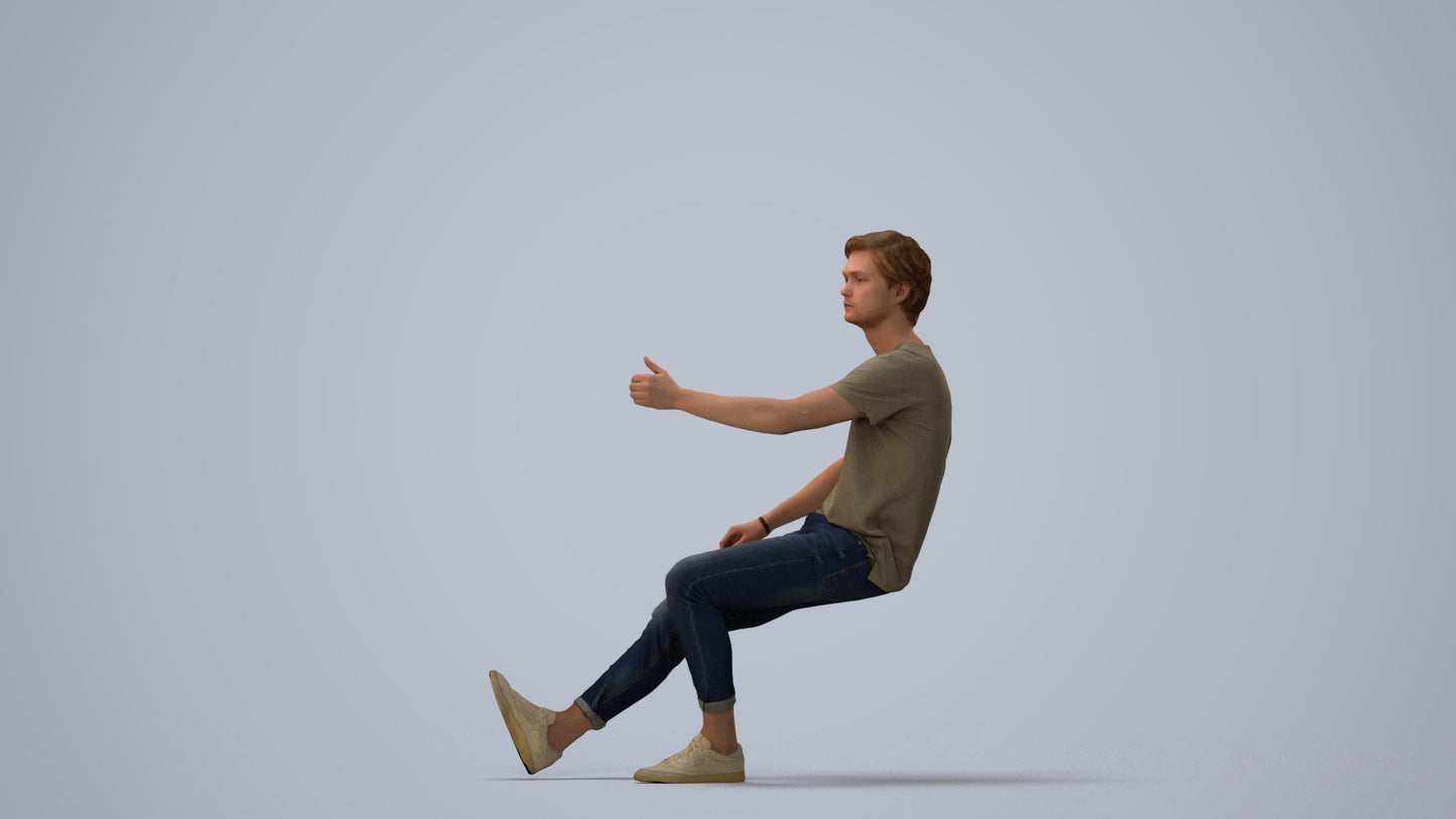 3D people model man casual sitting, scanned human for 3ds Max rendering, three-quarter view render