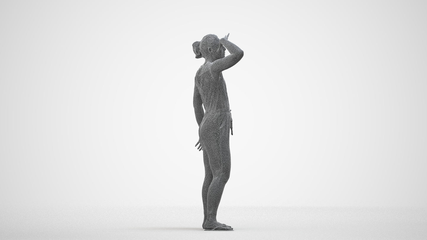 realistic 3D woman casual standing, scanned archviz people for Blender and 3ds Max, wireframe side view