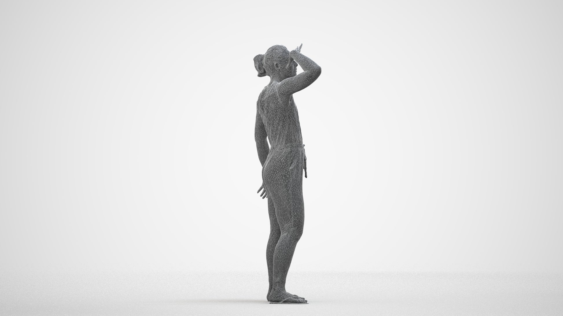 realistic 3D woman casual standing, scanned archviz people for Blender and 3ds Max, wireframe side view