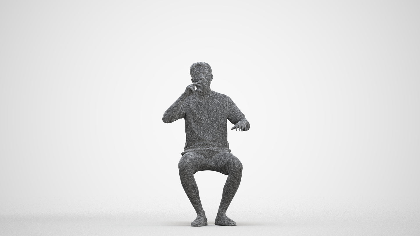 3D scanned man sitting casual, photorealistic archviz people for Enscape and SketchUp, three-quarter front view render