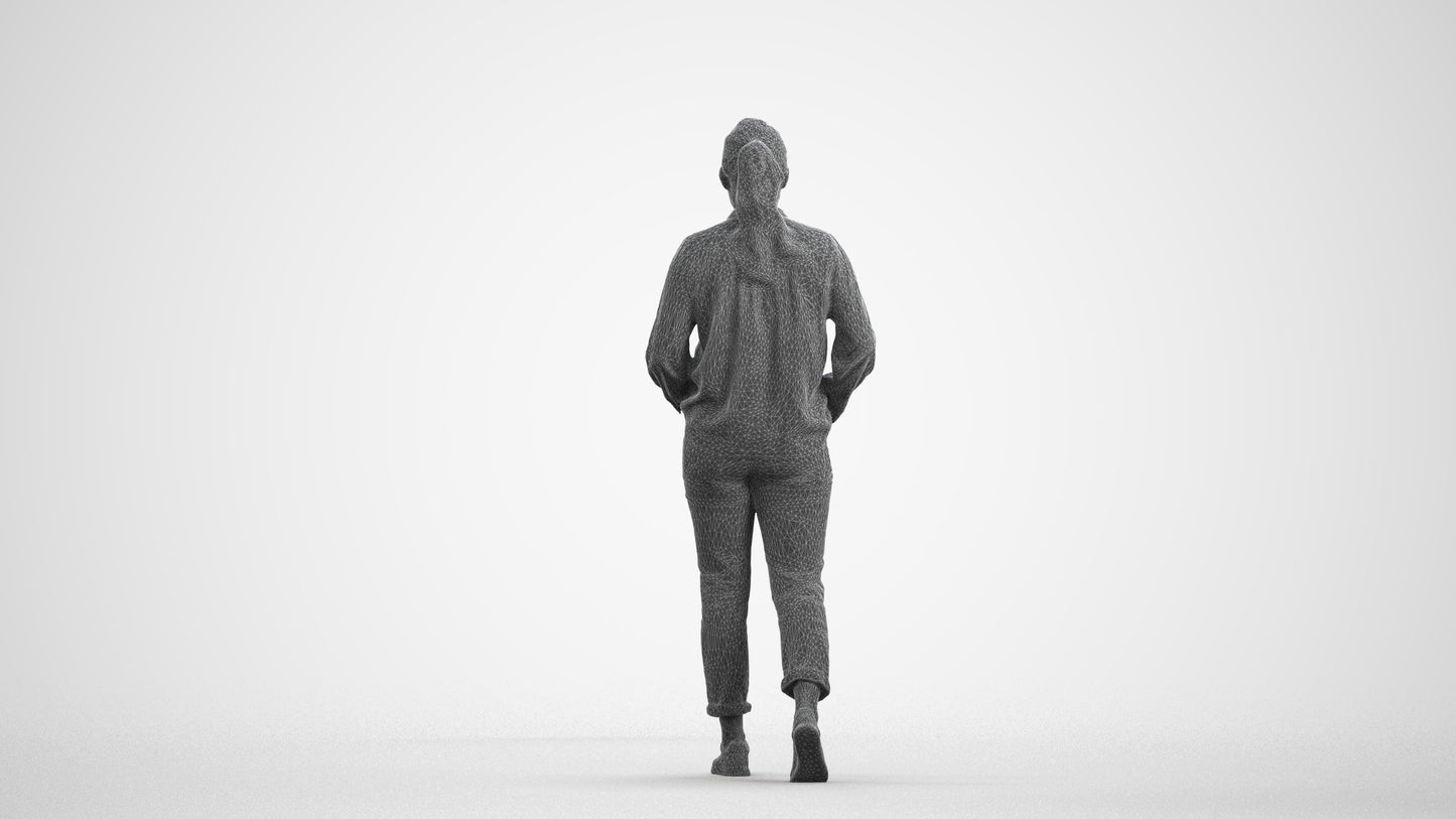 photogrammetry 3D woman casual walking, realistic human model archviz FBX, wireframe front view