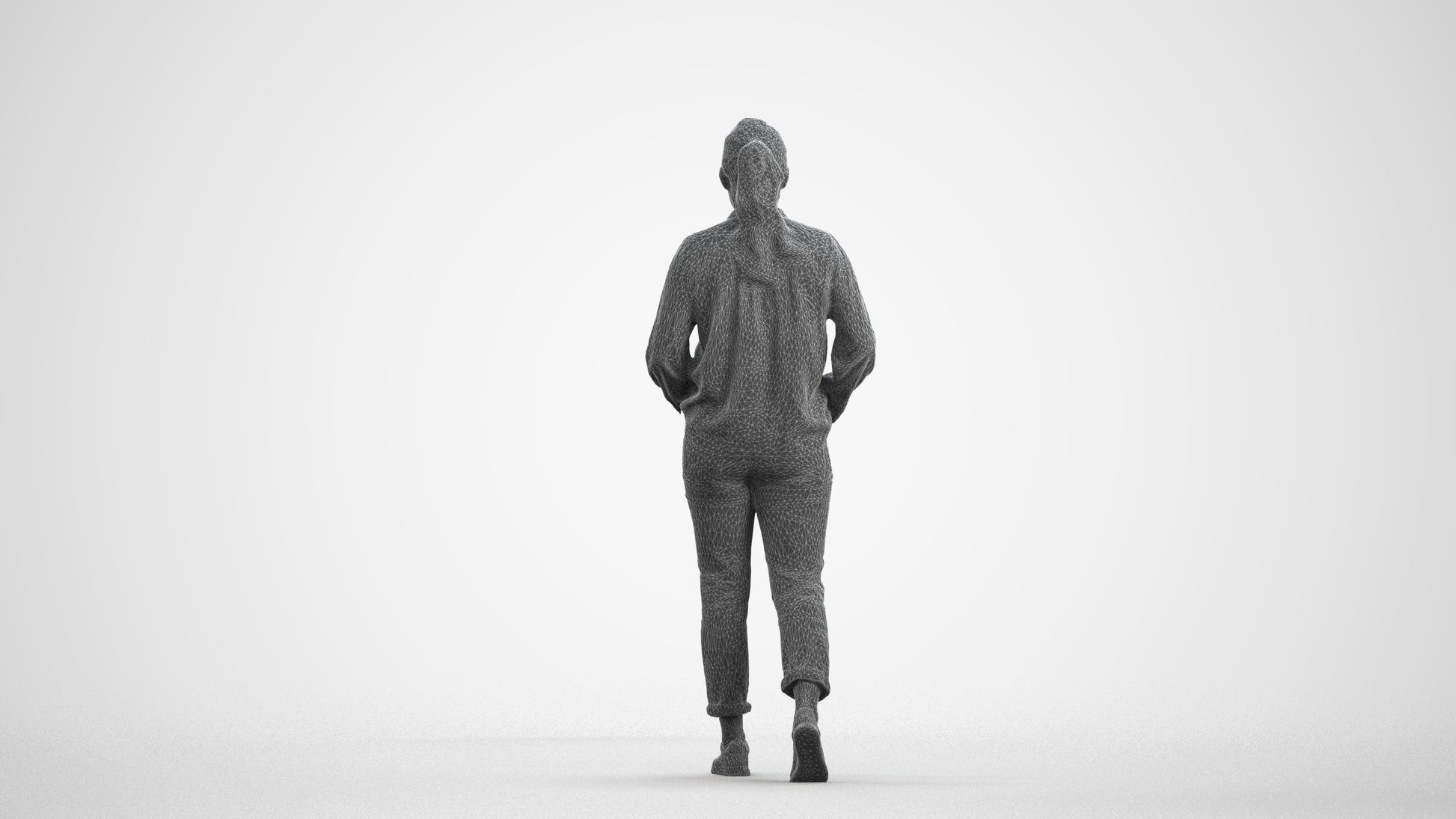 photogrammetry 3D woman casual walking, realistic human model archviz FBX, wireframe front view