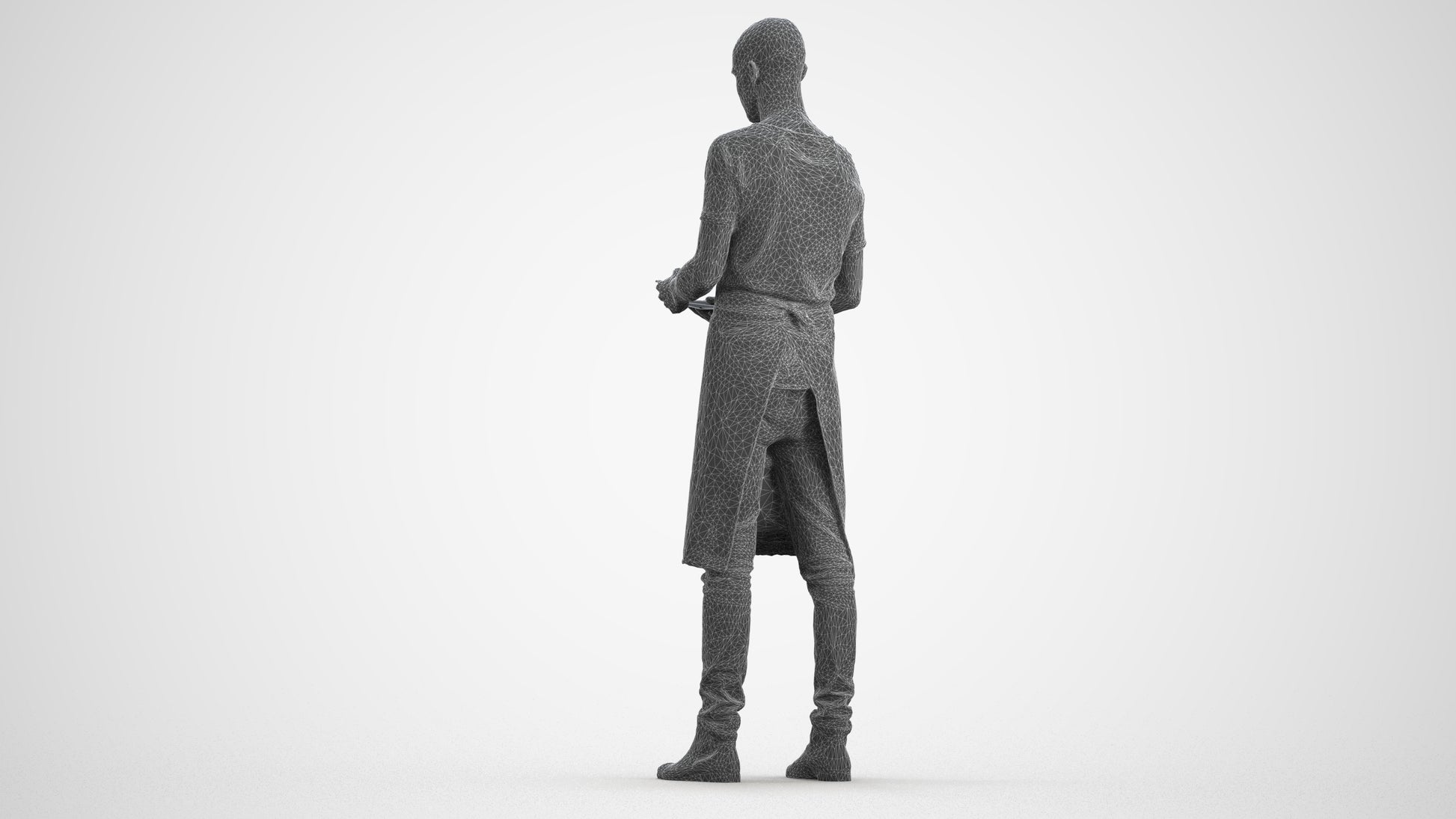 3D human model man hospitality, photogrammetry scanned person for archviz, wireframe front view