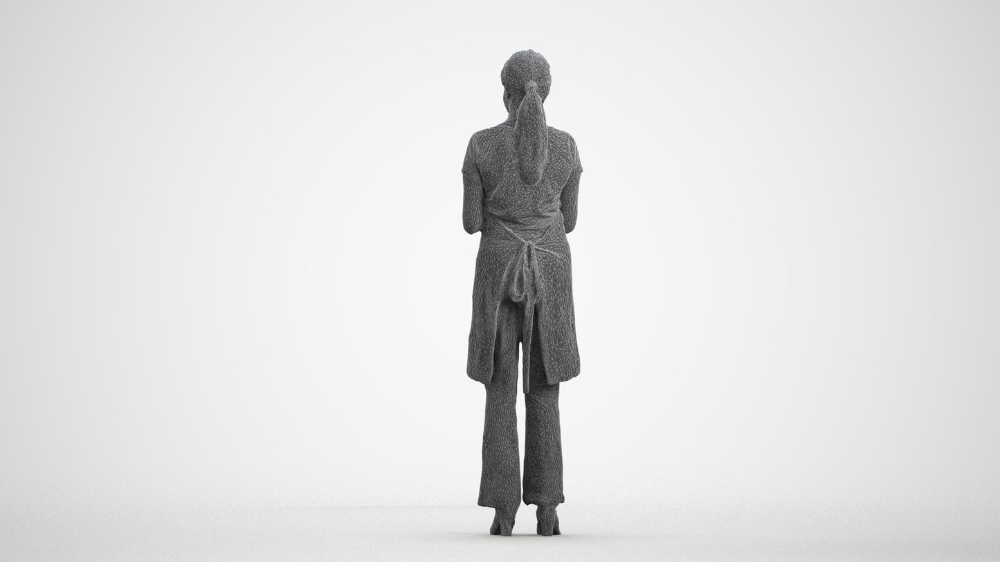 realistic 3D woman hospitality, scanned archviz people for Blender and 3ds Max, wireframe front view