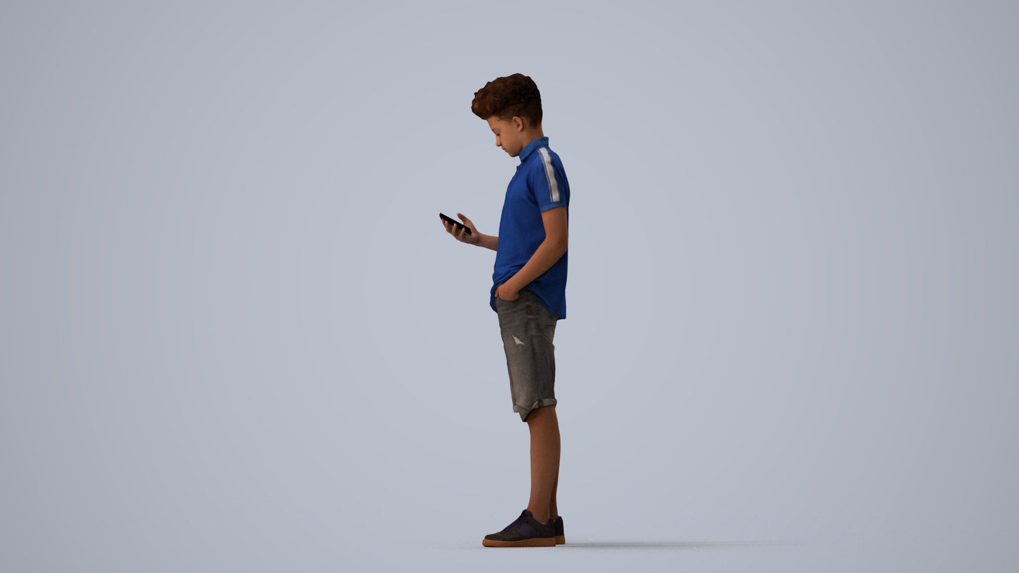 realistic 3D human boy casual kids, archviz people FBX OBJ for Blender, three-quarter view render