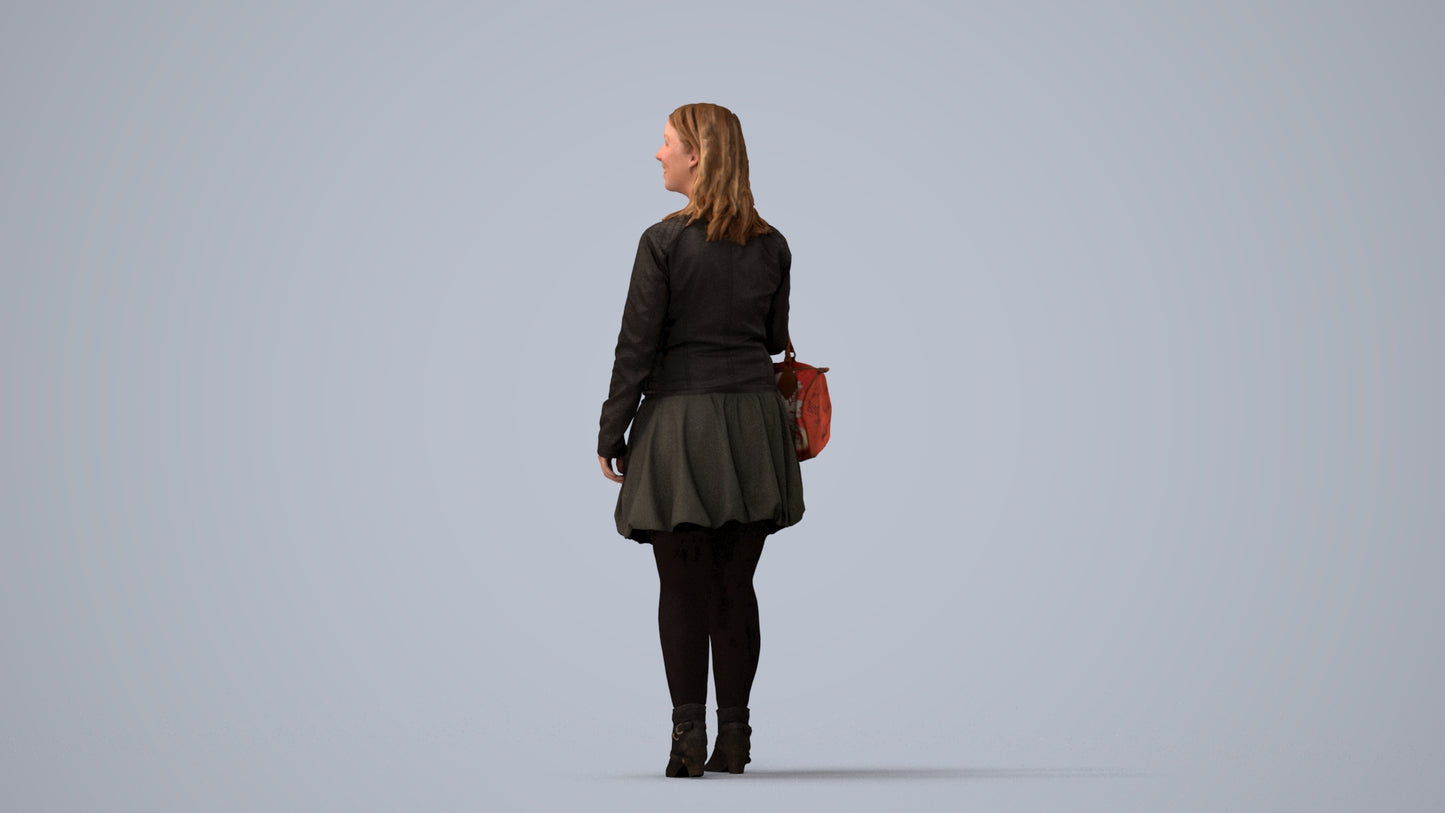 3D human model woman business standing, photogrammetry scanned person for archviz, three-quarter view render