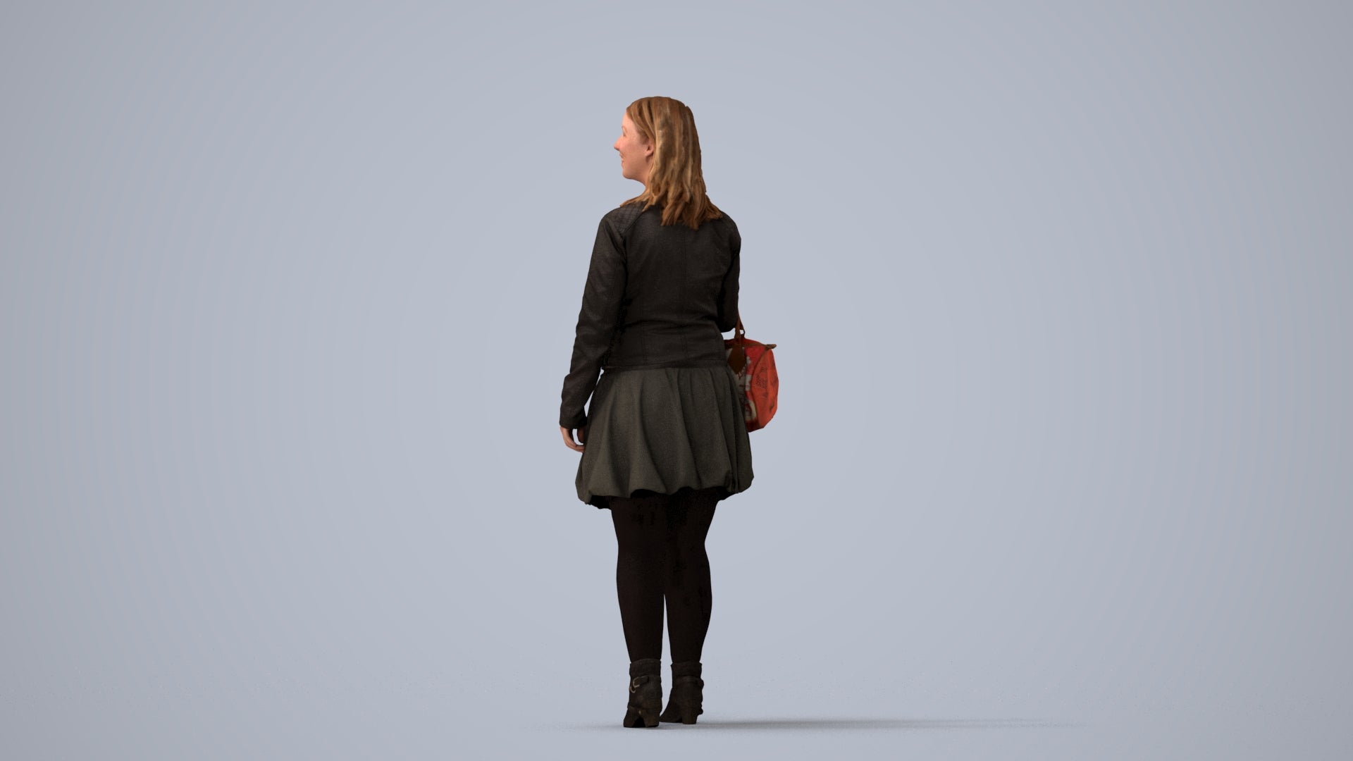 3D human model woman business standing, photogrammetry scanned person for archviz, three-quarter view render