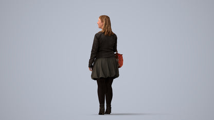 3D human model woman business standing, photogrammetry scanned person for archviz, three-quarter view render