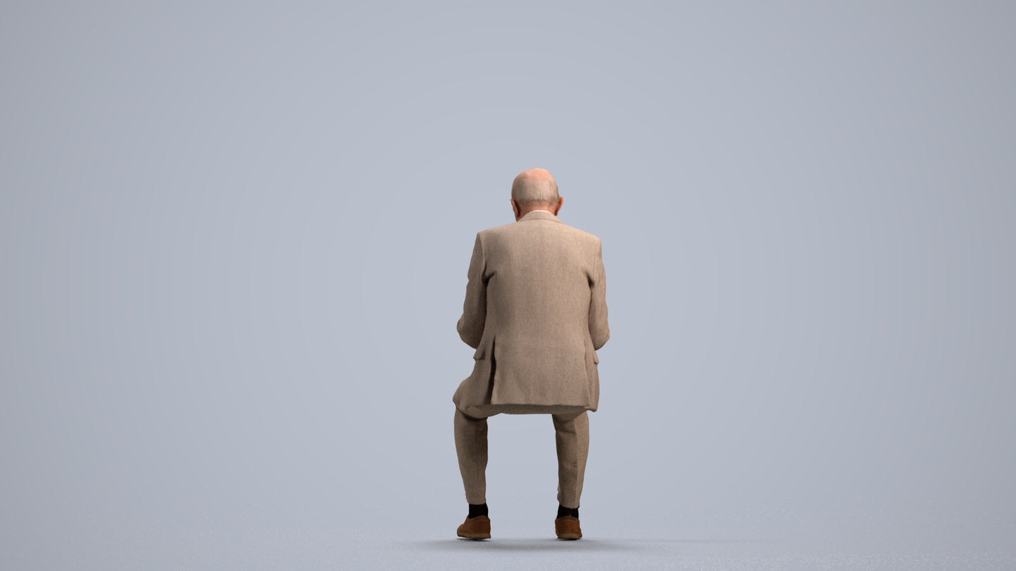 scanned 3D senior man business sitting, photogrammetry people for Enscape and V-Ray, front view render