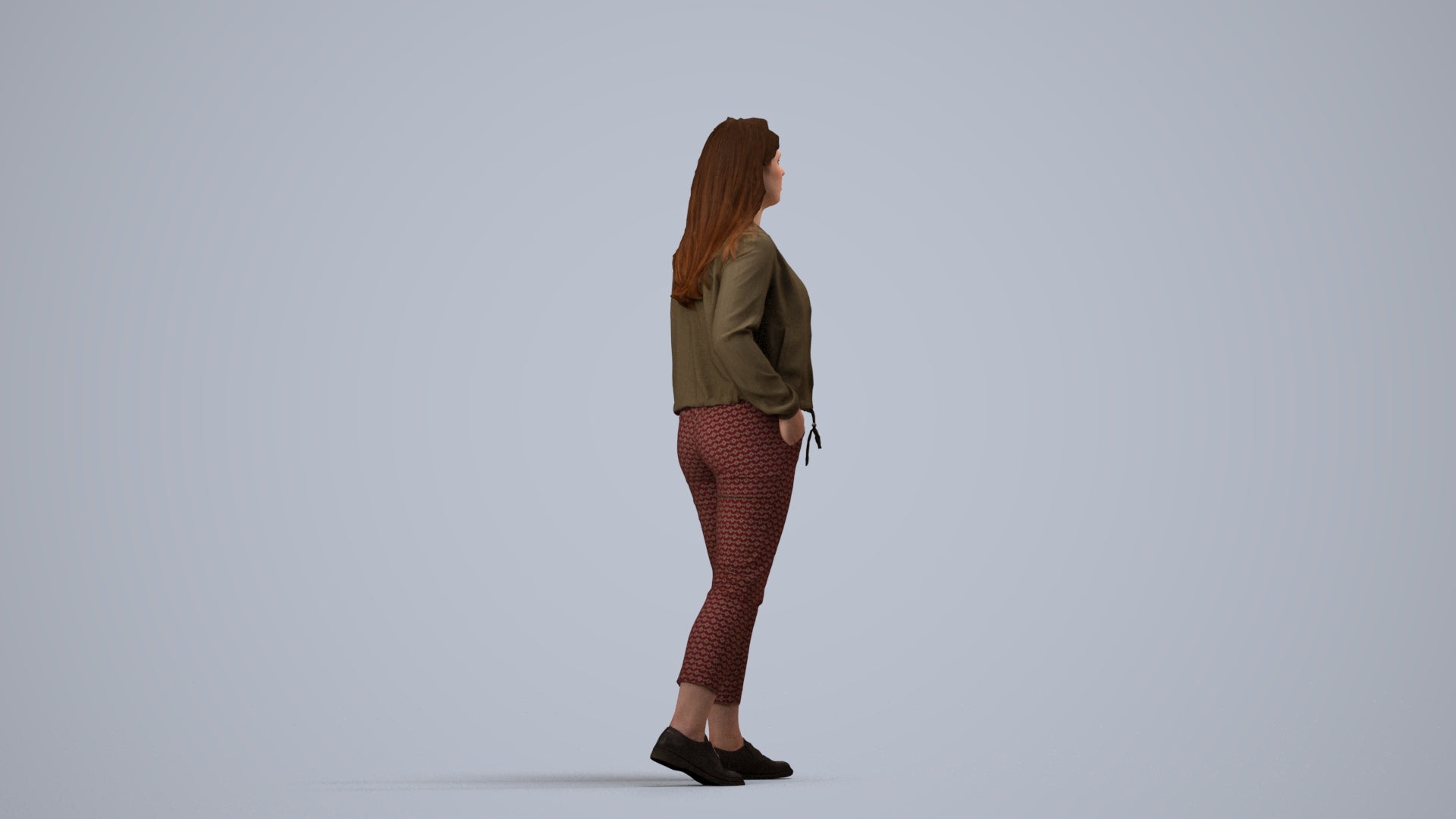 3D scanned woman walking casual, photorealistic archviz people for Enscape and SketchUp, side view render