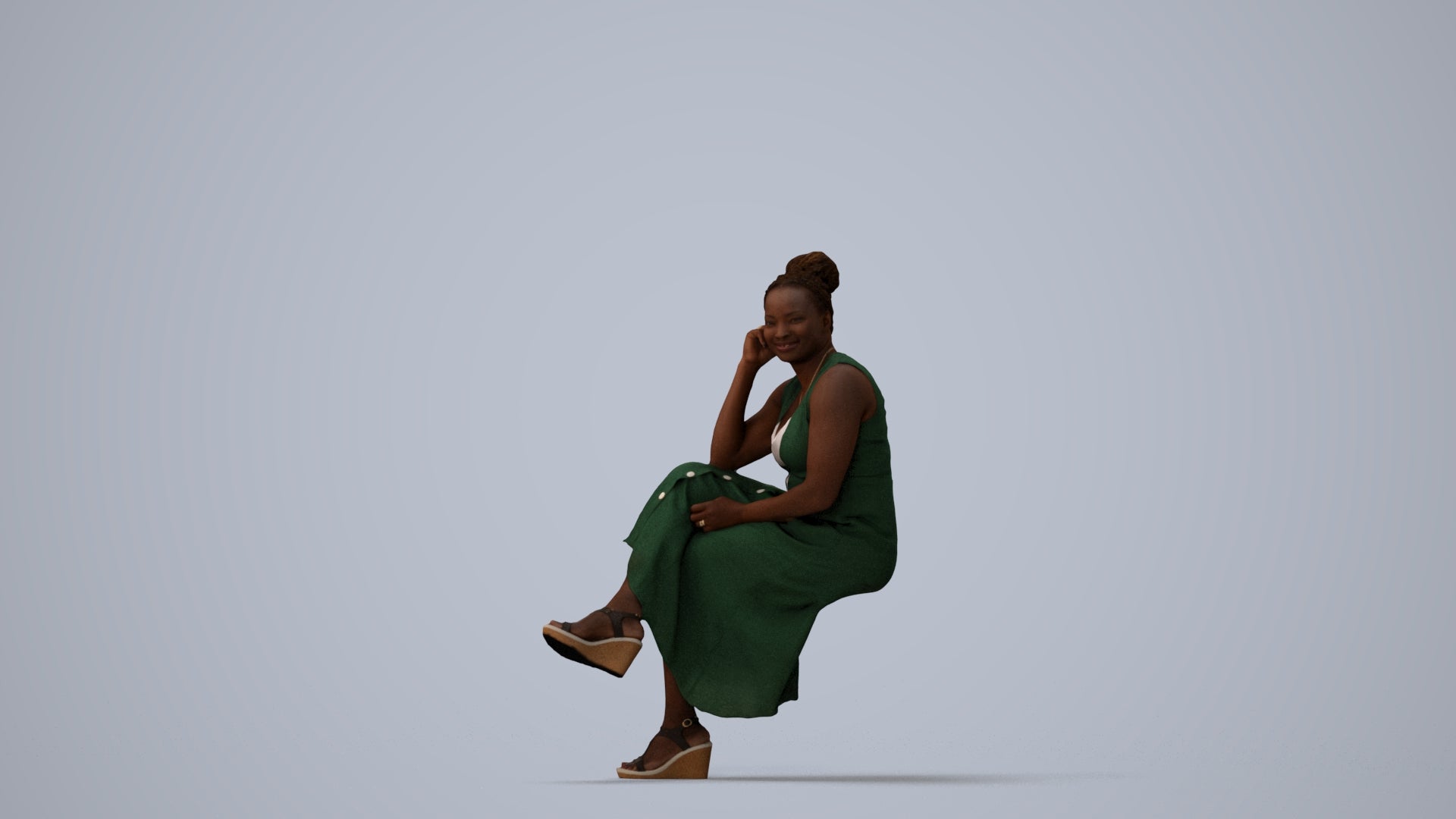 3D people model woman casual sitting, scanned human for 3ds Max rendering, three-quarter view render