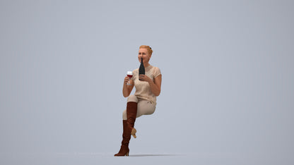 3D human model woman casual sitting, photogrammetry scanned person for archviz, top-down view render
