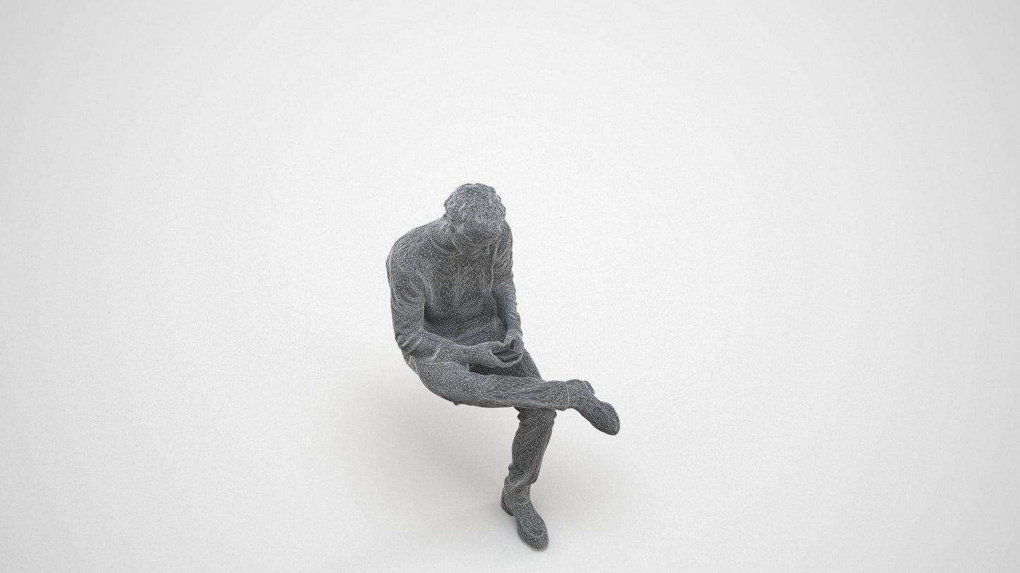 3D scanned man sitting casual, photorealistic archviz people for Enscape and SketchUp, wireframe three-quarter view