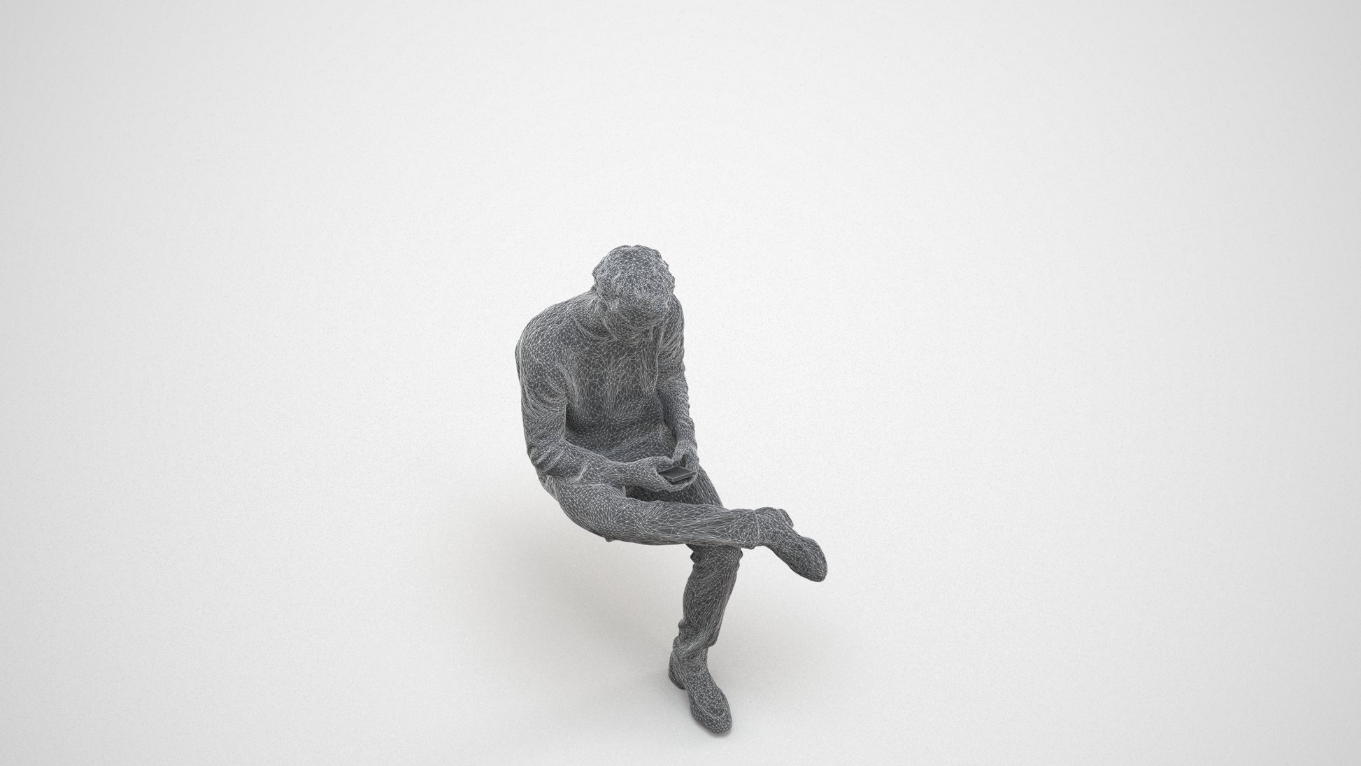 3D scanned man sitting casual, photorealistic archviz people for Enscape and SketchUp, wireframe three-quarter view