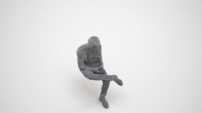 3D scanned man sitting casual, photorealistic archviz people for Enscape and SketchUp, wireframe three-quarter view