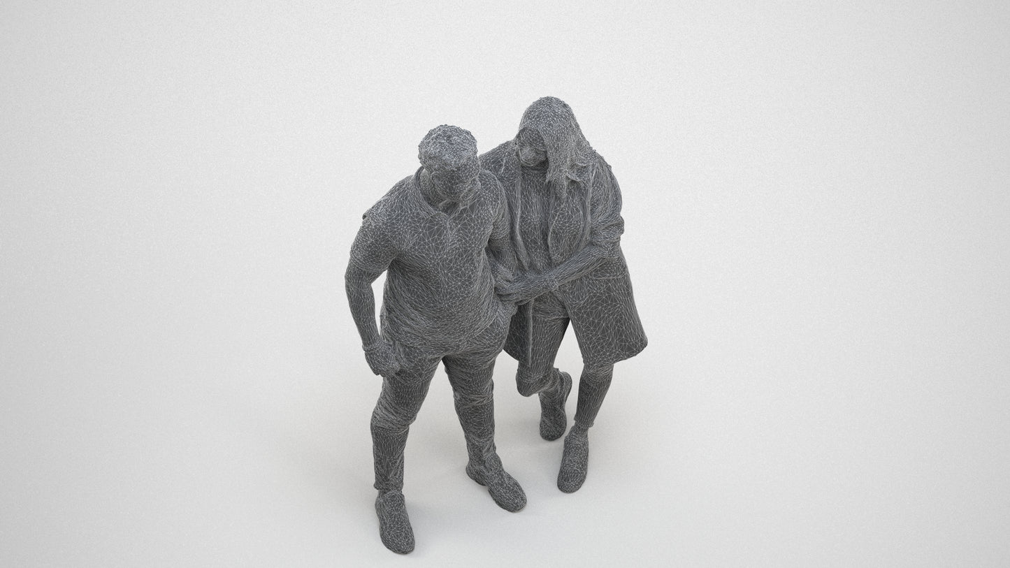 realistic 3D human man casual couple, archviz people FBX OBJ for Blender, wireframe three-quarter view