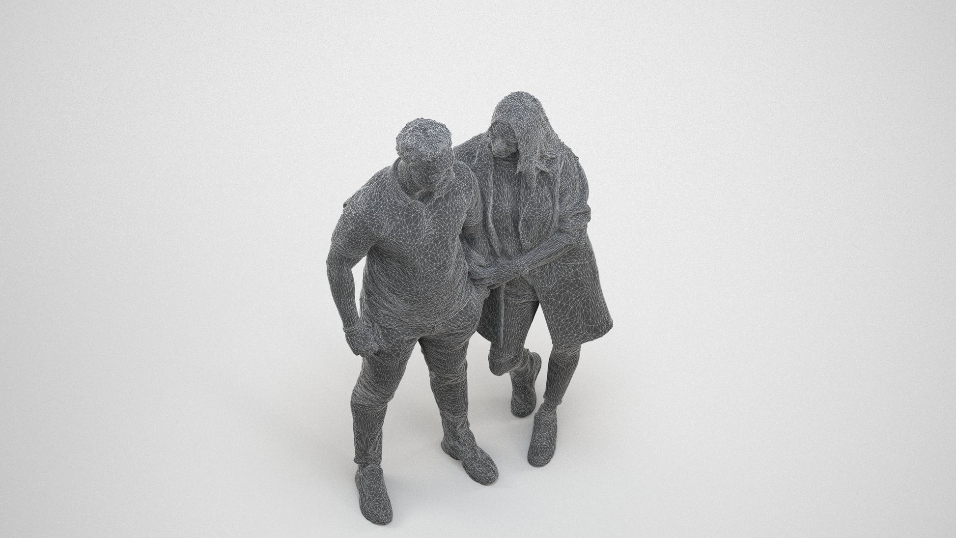 realistic 3D human man casual couple, archviz people FBX OBJ for Blender, wireframe three-quarter view