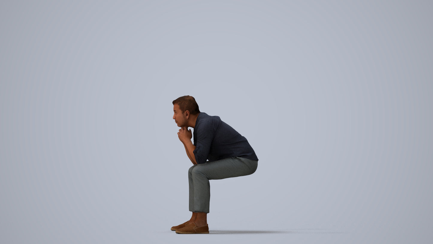 realistic 3D human man casual sitting, archviz people FBX OBJ for Blender, three-quarter view render