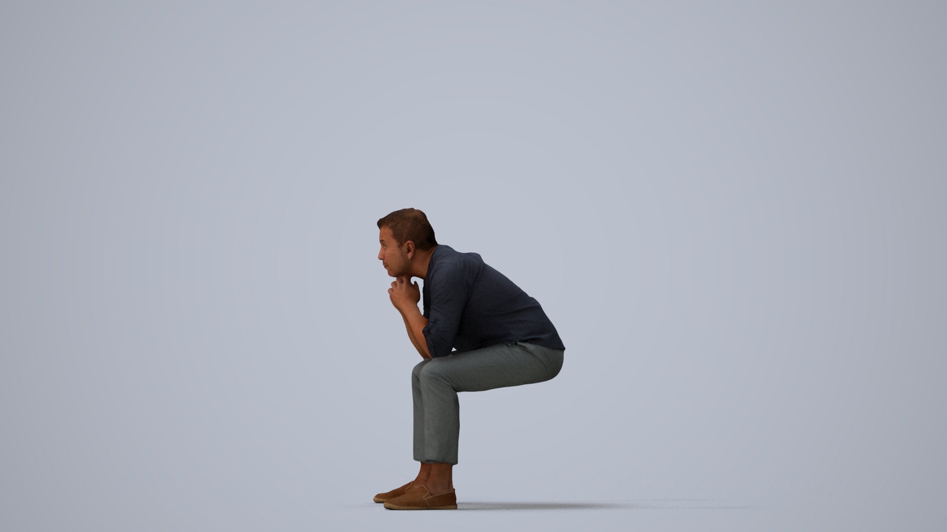 realistic 3D human man casual sitting, archviz people FBX OBJ for Blender, three-quarter view render