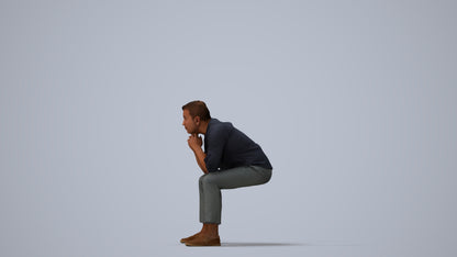 realistic 3D human man casual sitting, archviz people FBX OBJ for Blender, three-quarter view render