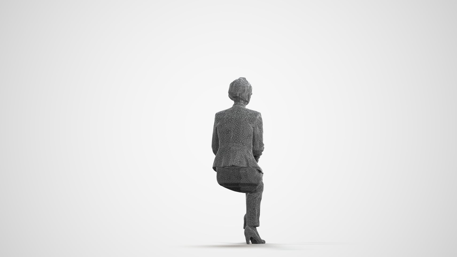 3D human model senior woman business sitting, photogrammetry scanned person for archviz, wireframe front view