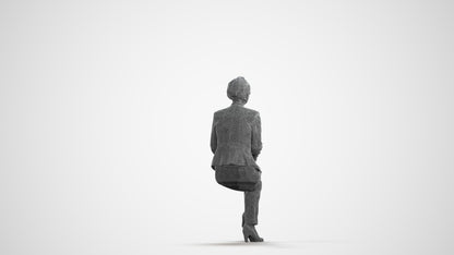 3D human model senior woman business sitting, photogrammetry scanned person for archviz, wireframe front view