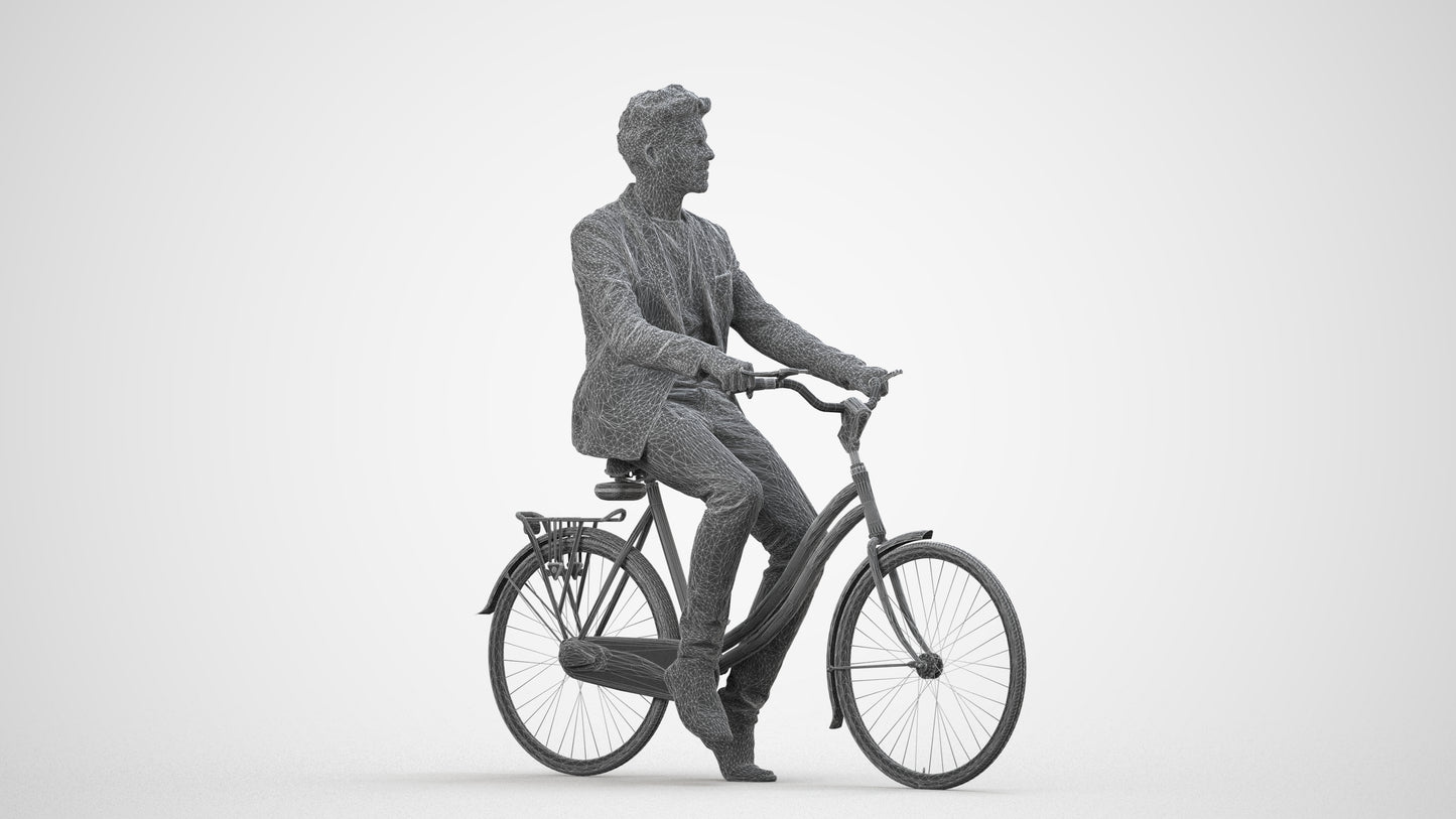 realistic 3D man casual cycling, scanned archviz people for Blender and 3ds Max, wireframe side view