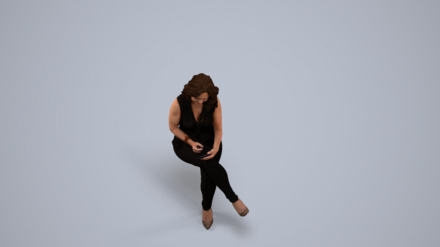 realistic 3D woman casual sitting, scanned archviz people for Blender and 3ds Max, back view render