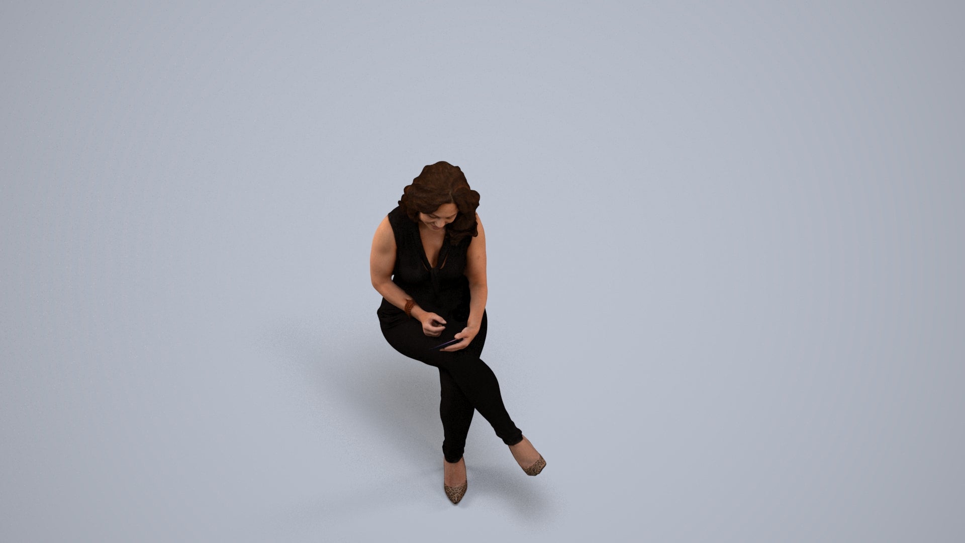 realistic 3D woman casual sitting, scanned archviz people for Blender and 3ds Max, back view render