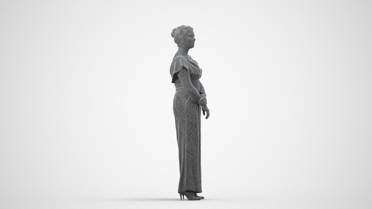 3D people model woman casual standing, scanned human for 3ds Max rendering, wireframe side view