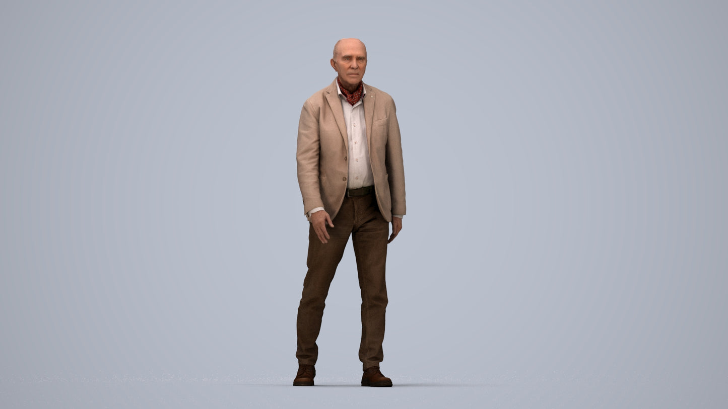 3D scanned senior man walking business, photorealistic archviz people for Enscape and SketchUp, top-down view render