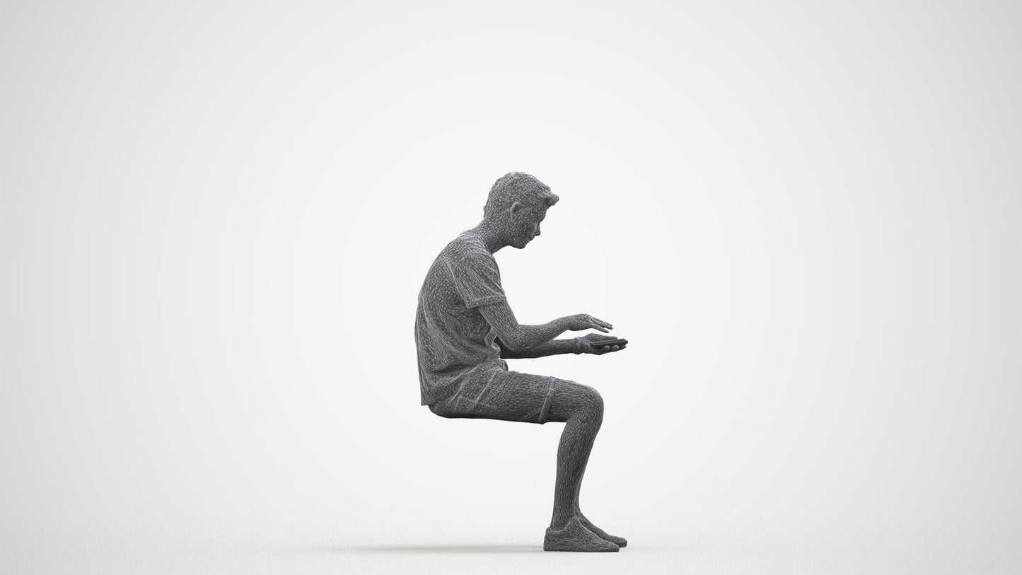 3D human model man casual sitting, photogrammetry scanned person for archviz, wireframe side view