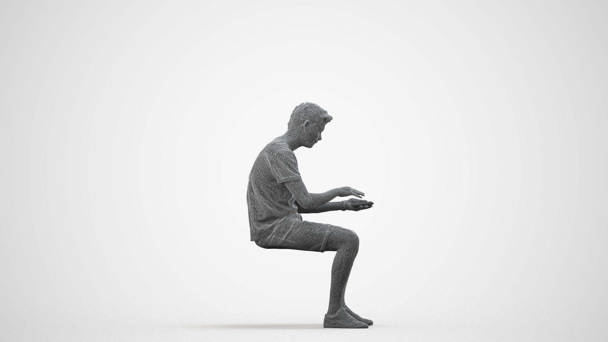 3D human model man casual sitting, photogrammetry scanned person for archviz, wireframe side view