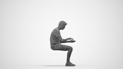 3D human model man casual sitting, photogrammetry scanned person for archviz, wireframe side view