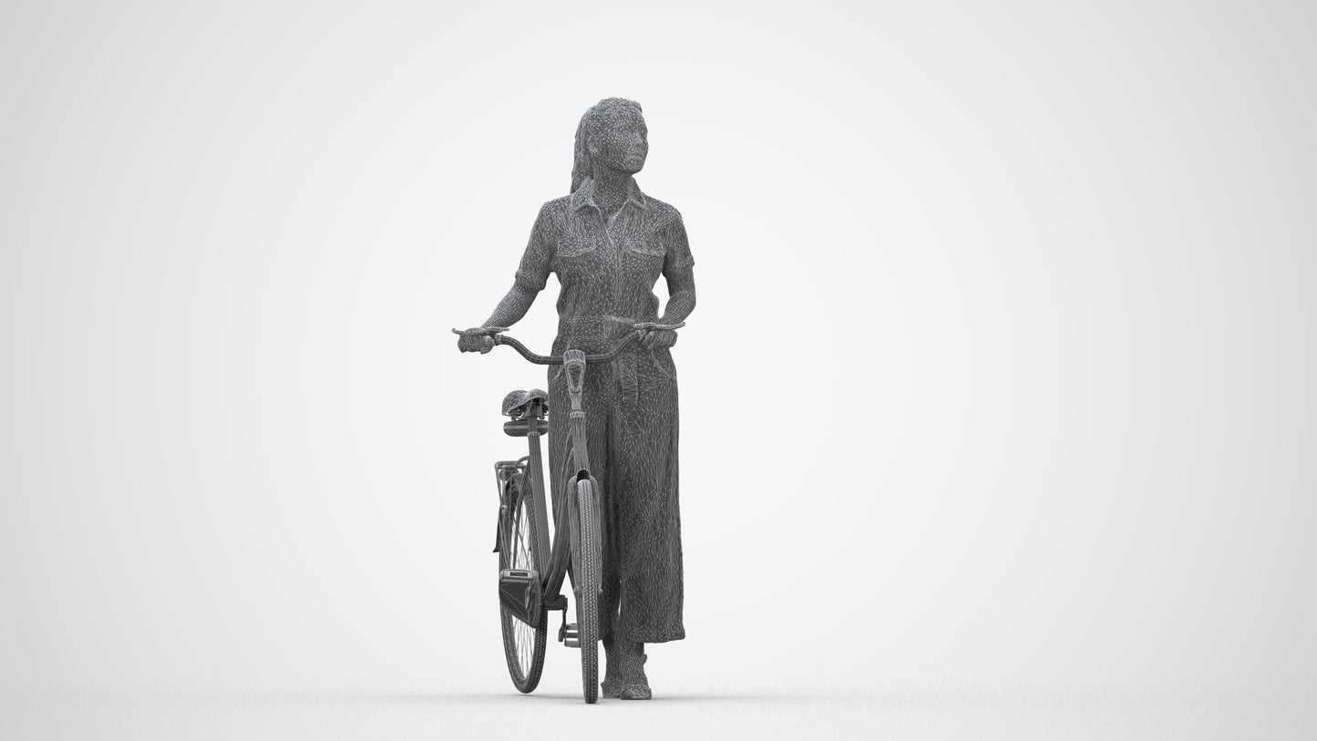 realistic 3D woman formal cycling, scanned archviz people for Blender and 3ds Max, wireframe back view
