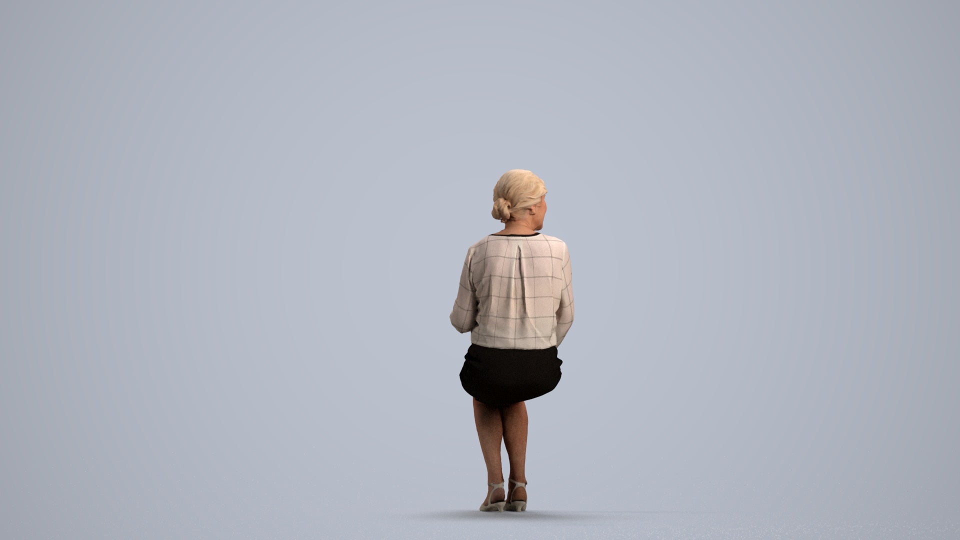 realistic 3D human senior woman casual sitting, archviz people FBX OBJ for Blender, front view render
