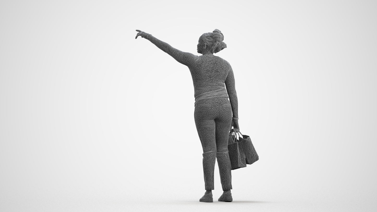 3D scanned woman standing casual, photorealistic archviz people for Enscape and SketchUp, wireframe front view