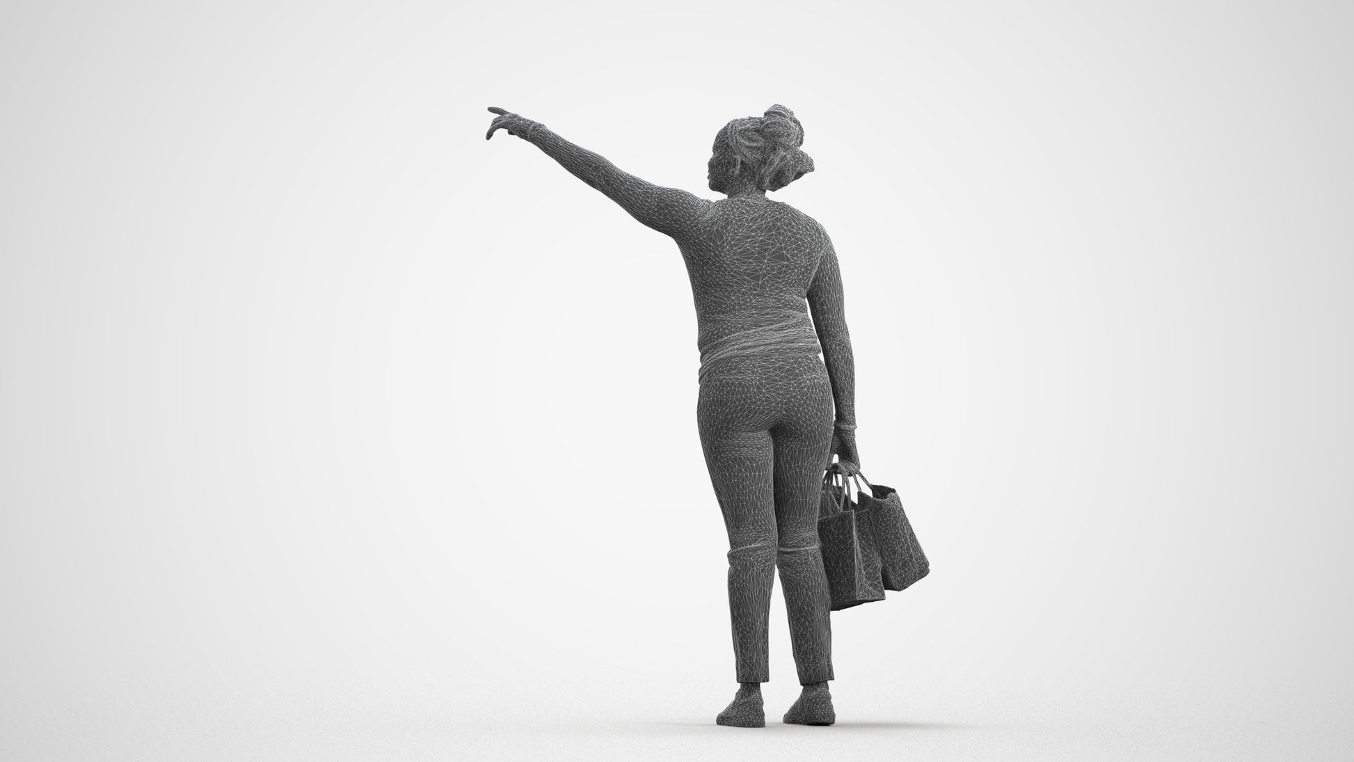 3D scanned woman standing casual, photorealistic archviz people for Enscape and SketchUp, wireframe front view