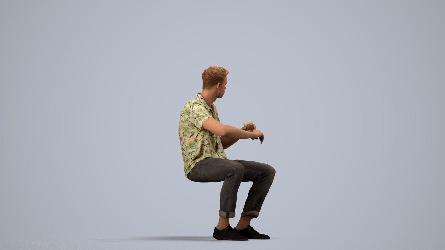 3D people model man casual sitting, scanned human for 3ds Max rendering, side view render