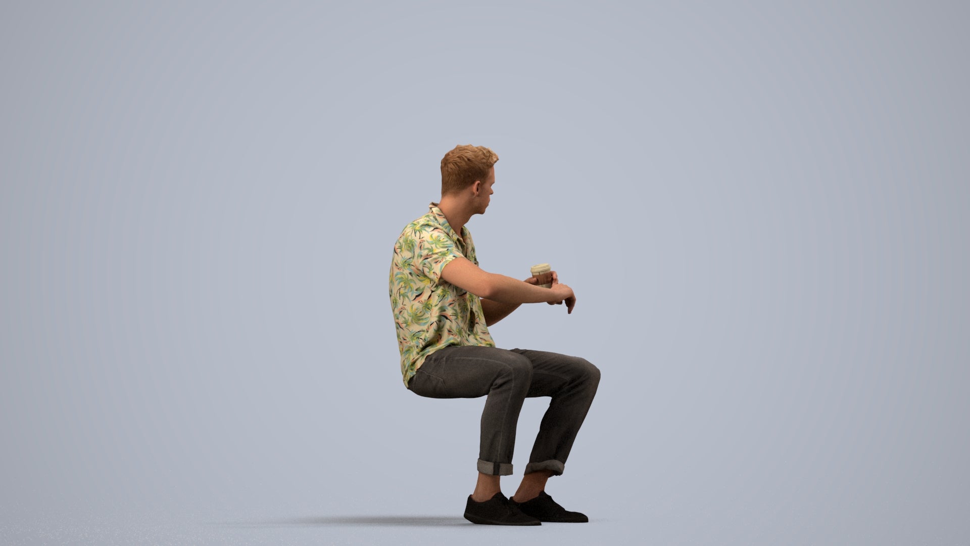 3D people model man casual sitting, scanned human for 3ds Max rendering, side view render
