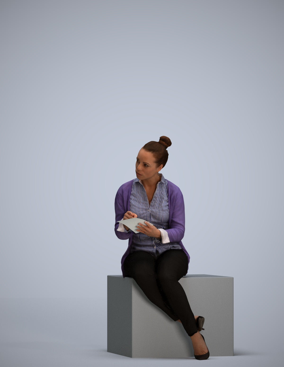 realistic 3D woman business sitting, scanned archviz people for Blender and 3ds Max