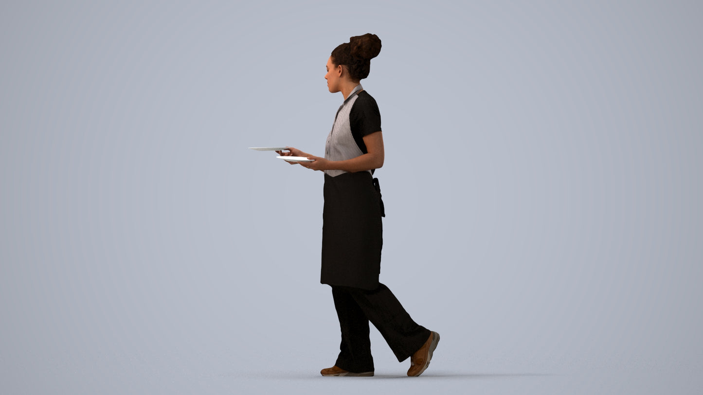realistic 3D woman hospitality, scanned archviz people for Blender and 3ds Max, three-quarter view render
