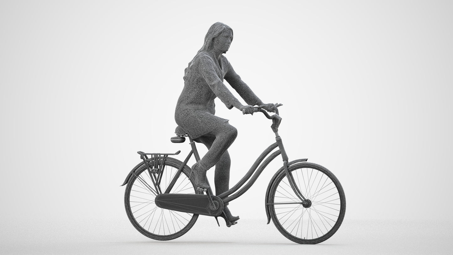 realistic 3D woman business cycling, scanned archviz people for Blender and 3ds Max, wireframe side view