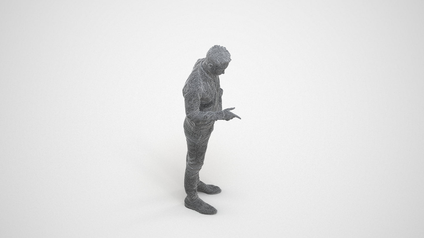 realistic 3D man business standing, scanned archviz people for Blender and 3ds Max, wireframe three-quarter view
