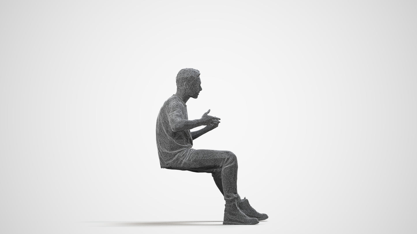 realistic 3D man casual sitting, scanned archviz people for Blender and 3ds Max, wireframe side view